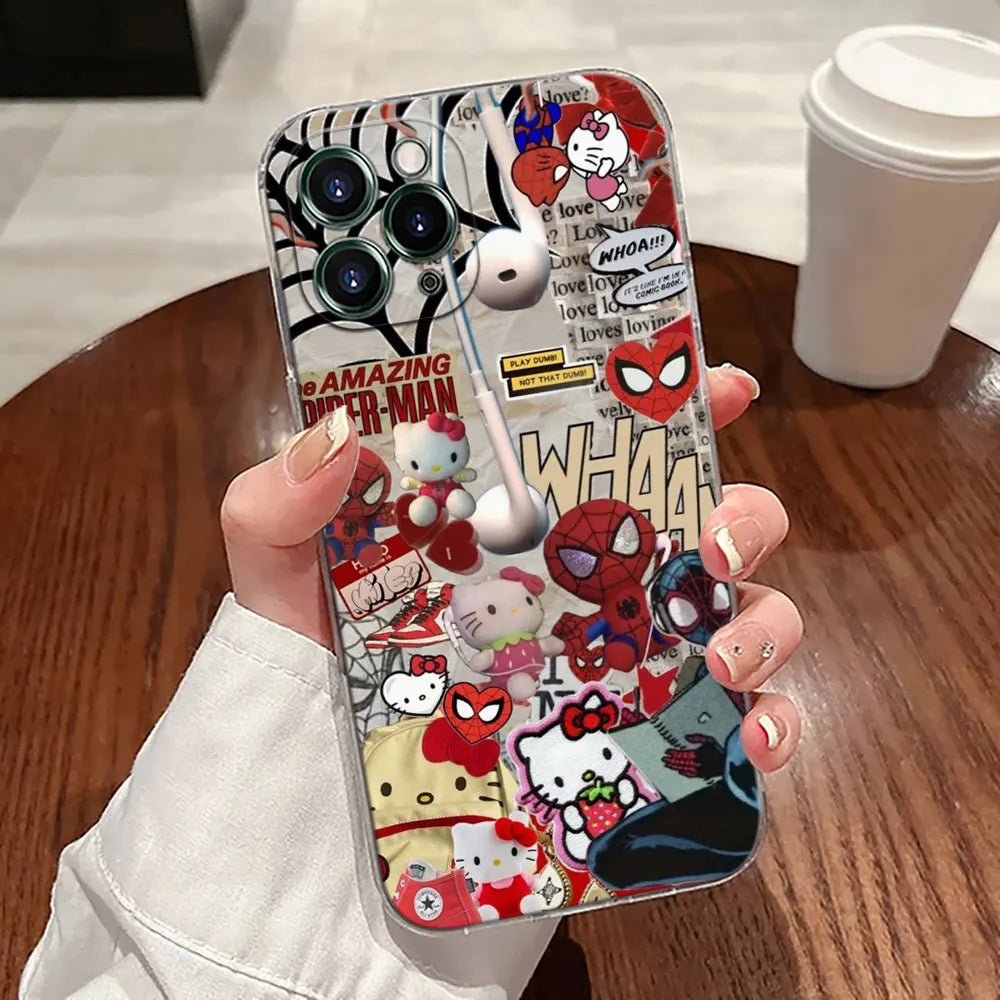 Spider Man Hellos Kittys Transparent Phone Case For iPhone