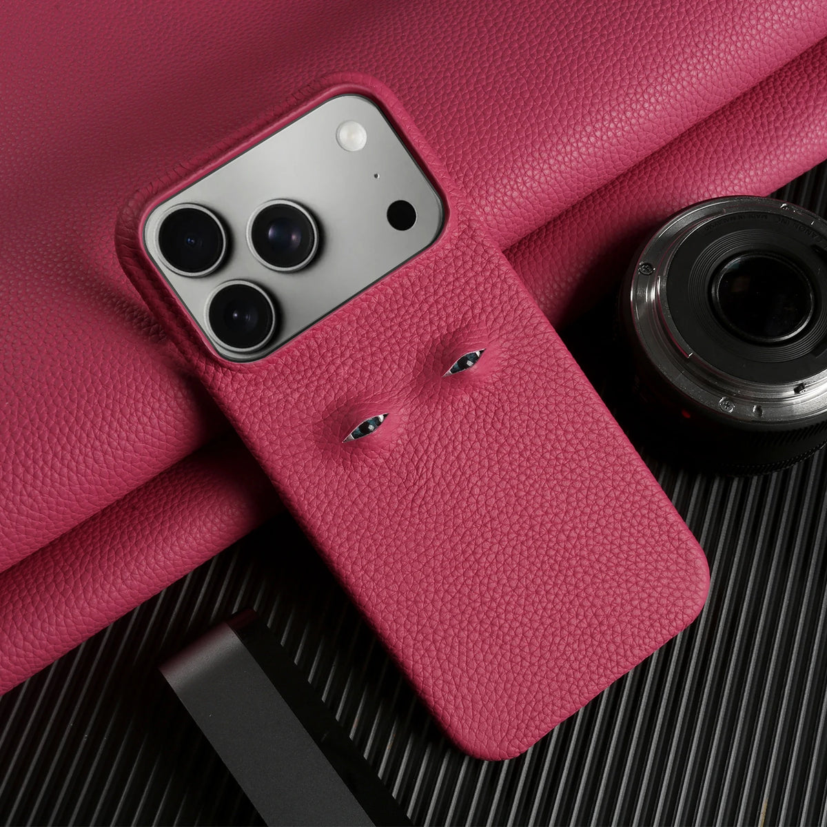 With Eyes Lychee Genuine Leather Case For iPhone