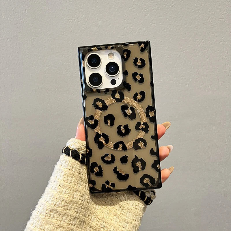Stylish Rectangle Border Leopard Magnetic Wireless Charge Phone Case