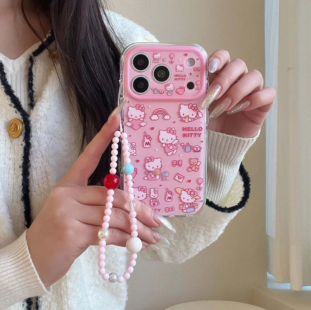 Cute Cartoon Sanrio Hello Kittty Phone Case For iPhone Shockproof Hard Cover With Lanyard