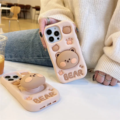 3D Cute Cartoon Bear Telescopic Bracket Phone Case For iPhone