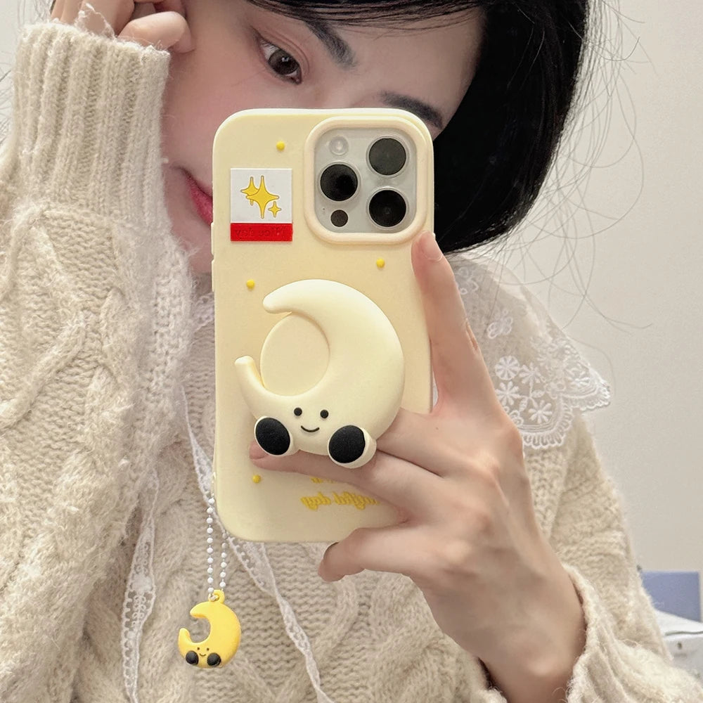 Kawaii Smile Moon Star Case Soft Silicone Cover With Holder Pendant For iPhone