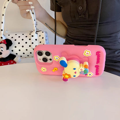 Kawaii 3D Cartoon Rabbit Floral Bracket Soft Silicone Phone Case