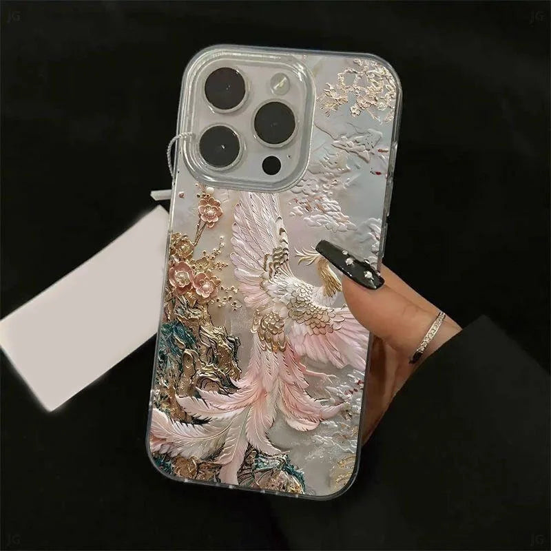 High End Feather Yarn Phoenix Pattern Design Phone Anti Drop Protective Case For iPhone