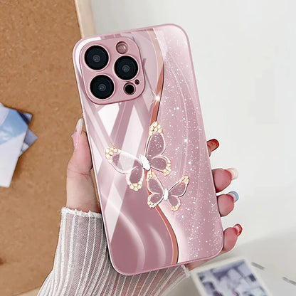 Tempered Glass Phone Case For iPhone Elegant Butterfly Cover
