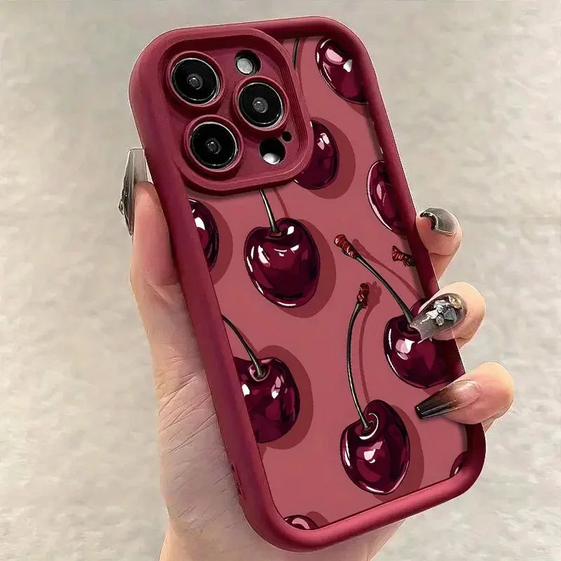 Luxury Wine Red Cherry Print Case For iPhone