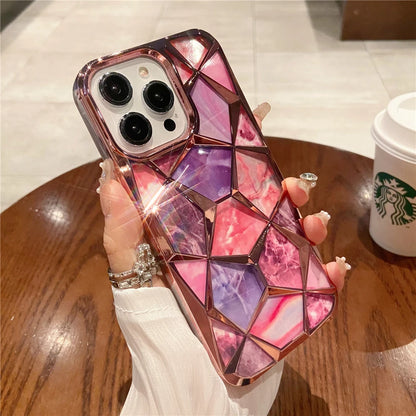 Plating Glitter Diamond Pattern Colorful Marble Phone Case For iPhone