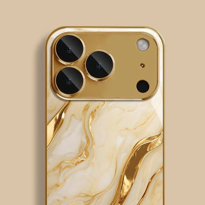 Golden Marble Waves Gold Metallic Paint Tempered Glass Phone Case For iPhone