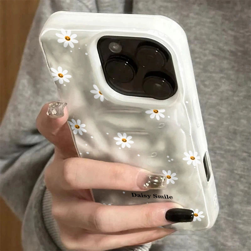 Cute Daisy Smile Floral Phone Case Wavy Marble Texture Shockproof Cover For iPhone