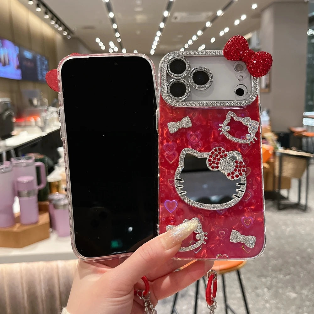 Sanrio Hello Kitty Bling Glitter Makeup Mirror Phone Case For iPhone 3D Cute Cartoon Hard Cover