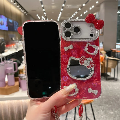 Sanrio Hello Kitty Bling Glitter Makeup Mirror Phone Case For iPhone 3D Cute Cartoon Hard Cover
