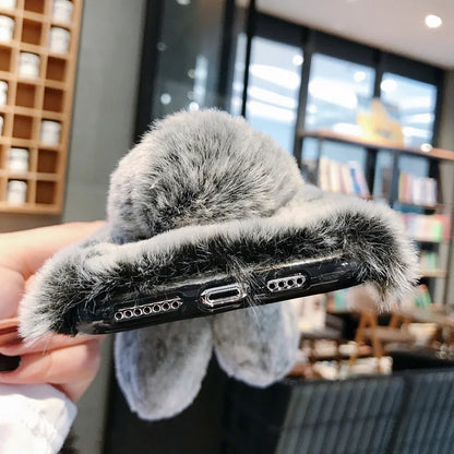 Plush Warm Case For iPhone Cute Long Rabbit Ears Furry Fluffy Fur Cover