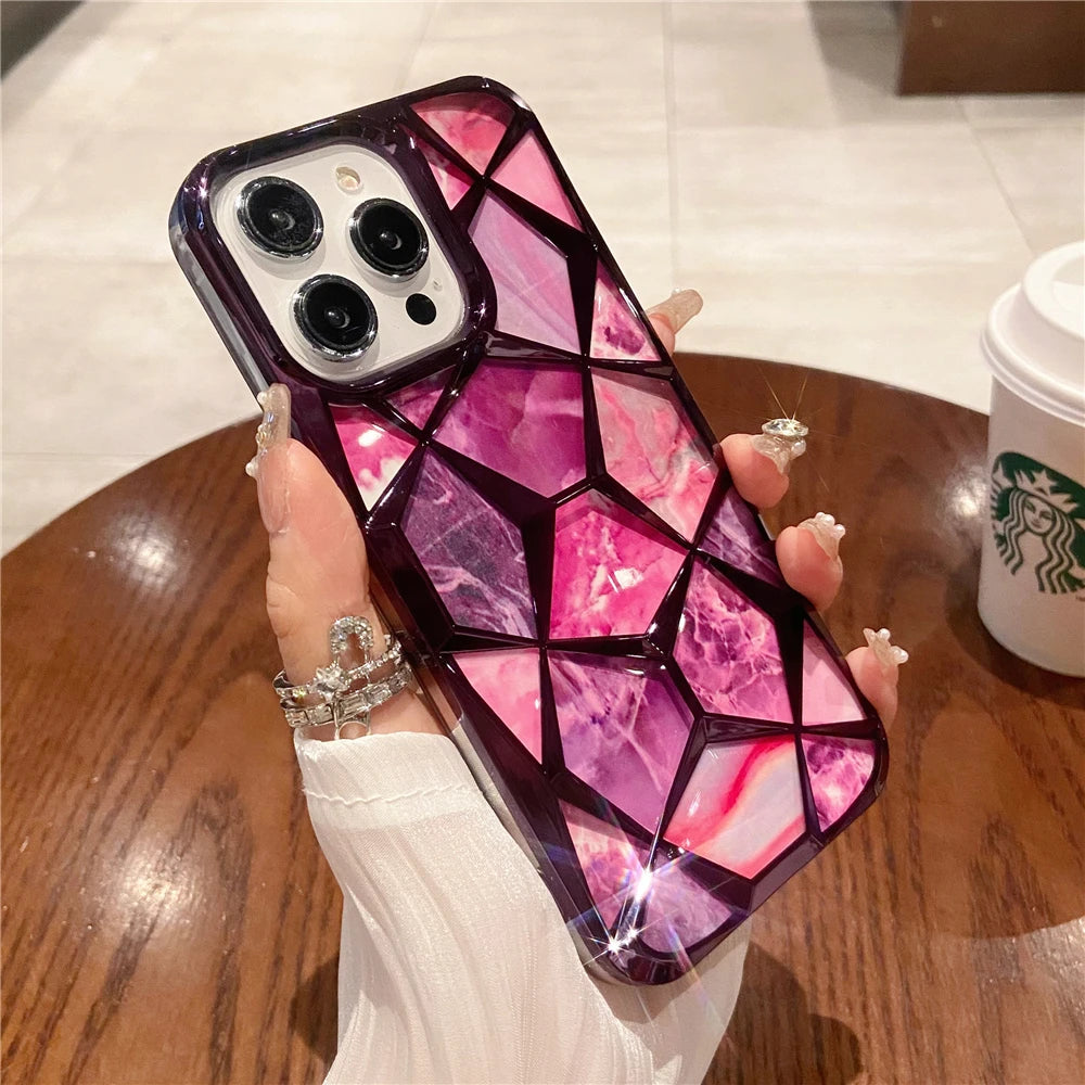 Plating Glitter Diamond Pattern Colorful Marble Phone Case For iPhone