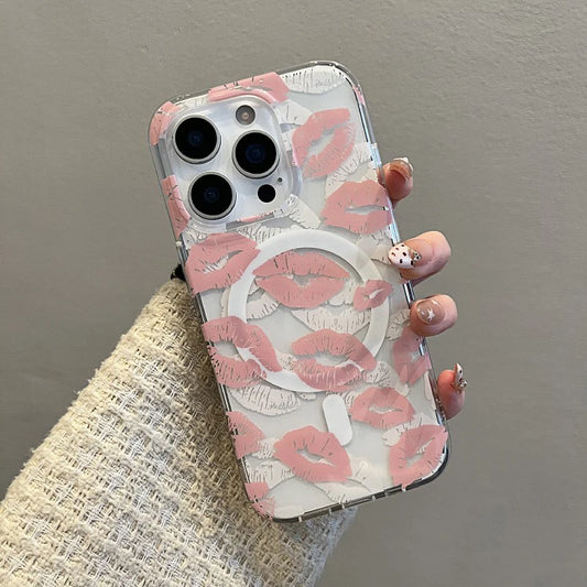 Fashion Pink Lip Print Magnetic Wireless Charing Phone Case
