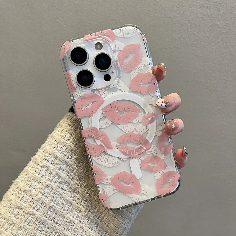Fashion Pink Lip Print Magnetic Wireless Charing Phone Case