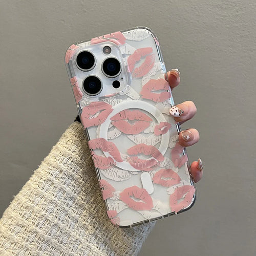 Fashion Pink Lip Print Magnetic Wireless Charing Phone Case
