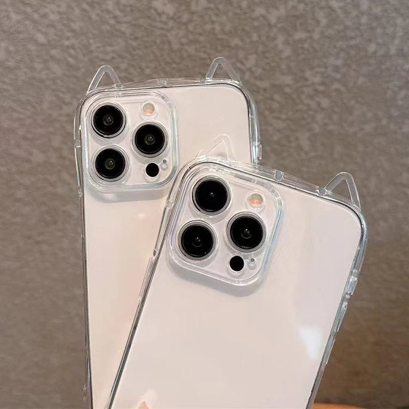 Cute Cat Ears Transparent Phone Case For iPhone Soft Clear Back Cover Shell
