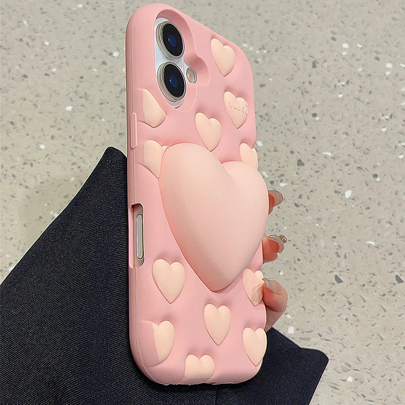 Pink 3D Love Heart Stand Holder Decompression Phone Case