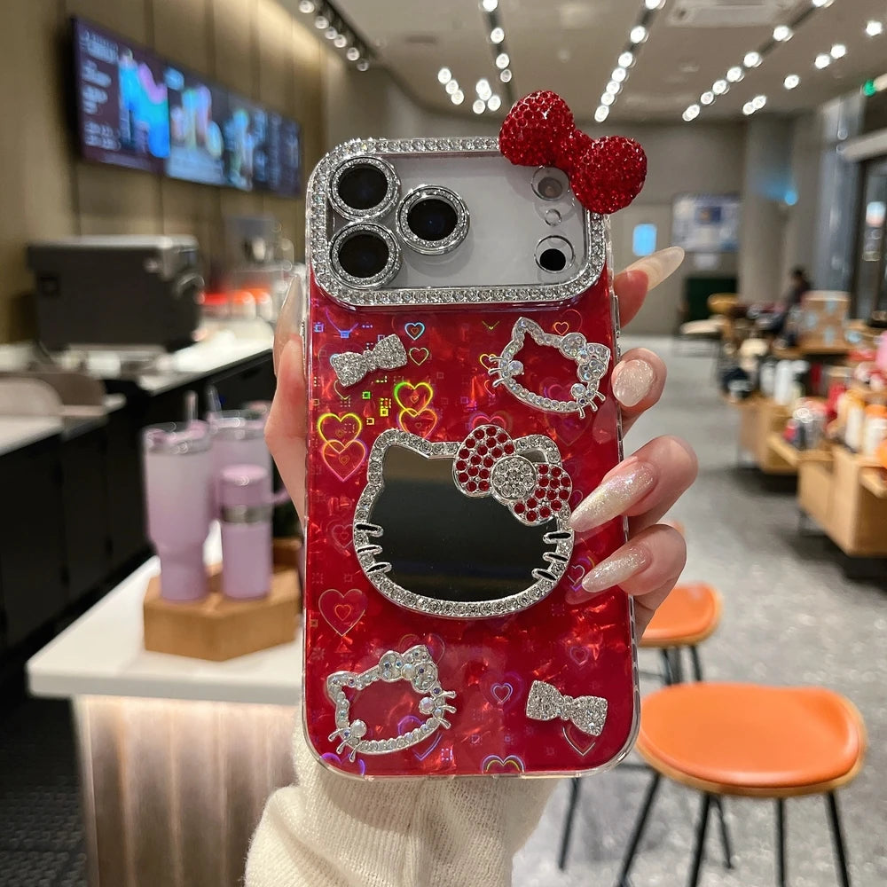 Sanrio Hello Kitty Bling Glitter Makeup Mirror Phone Case For iPhone 3D Cute Cartoon Hard Cover