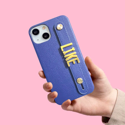 Holding Strap Personalised Custom Name Gold Metal Letters Leather Phone Case For Iphone