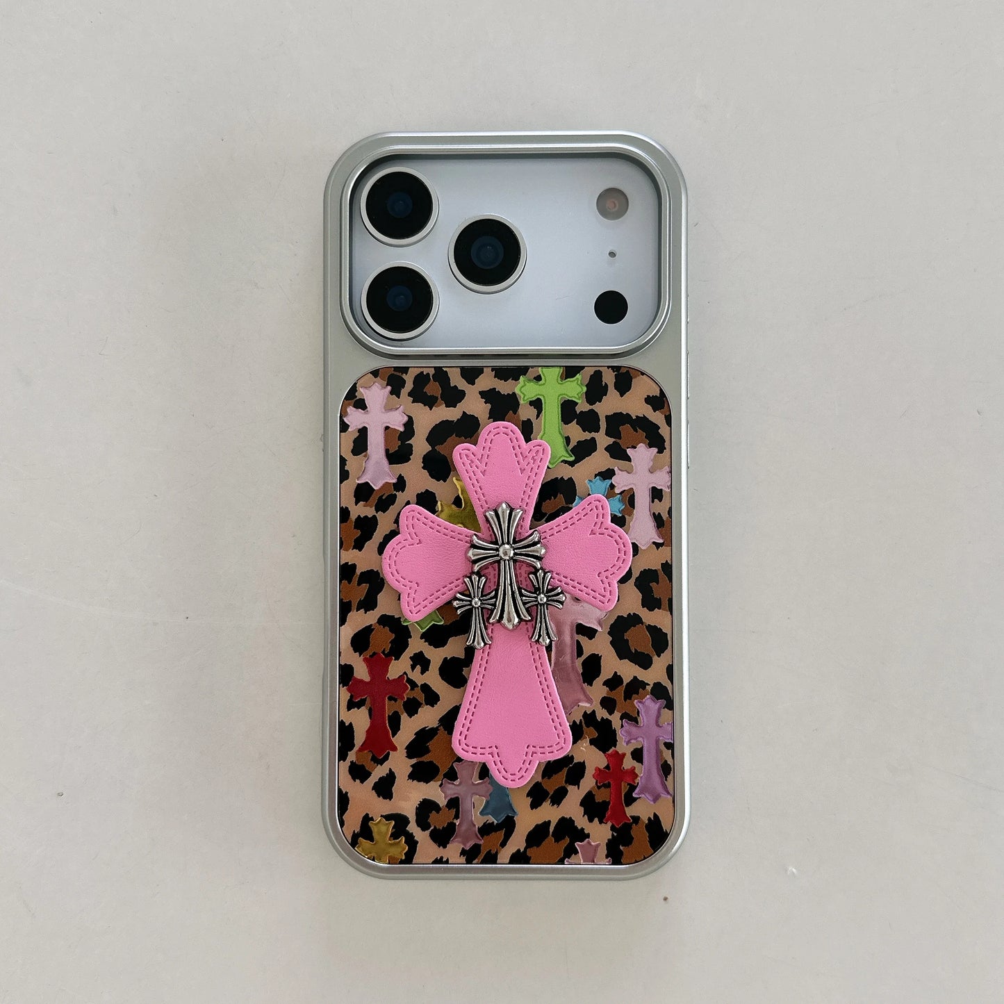 Silver-edged gold-plated leopard Print Pink Chrome Hearts phone case for iPhone
