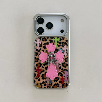 Silver-edged gold-plated Leopard Print Pink Chrome Hearts Phone Case For iPhone