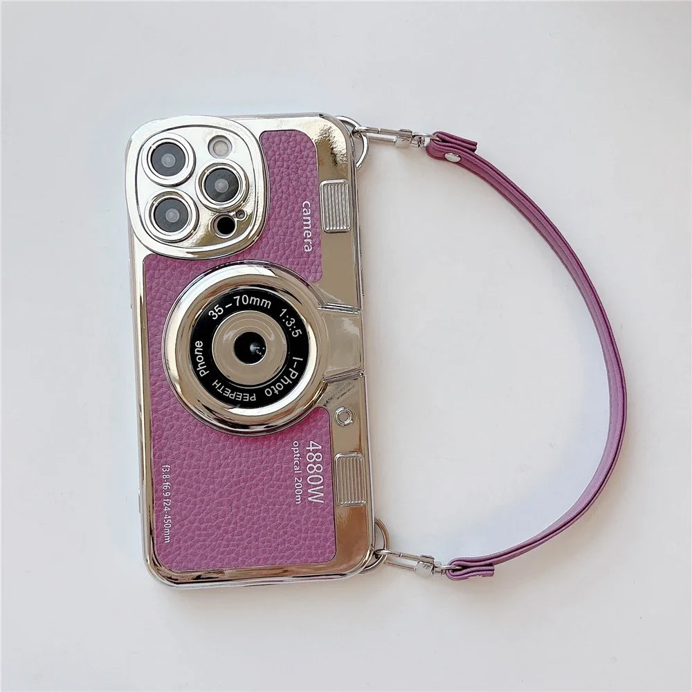 Luxury Retro Stereo Camera Hand With Lanyard Phone Case For iPhone
