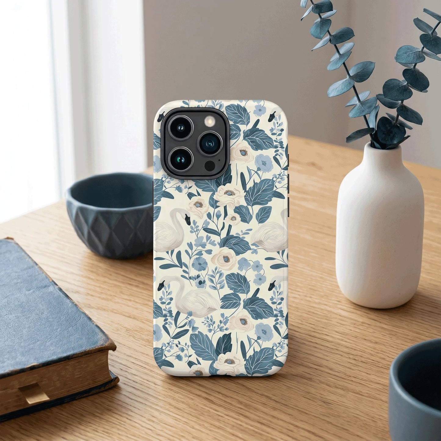 Elegant Swan Blue Floral Botanical Magnetic Case For iPhone