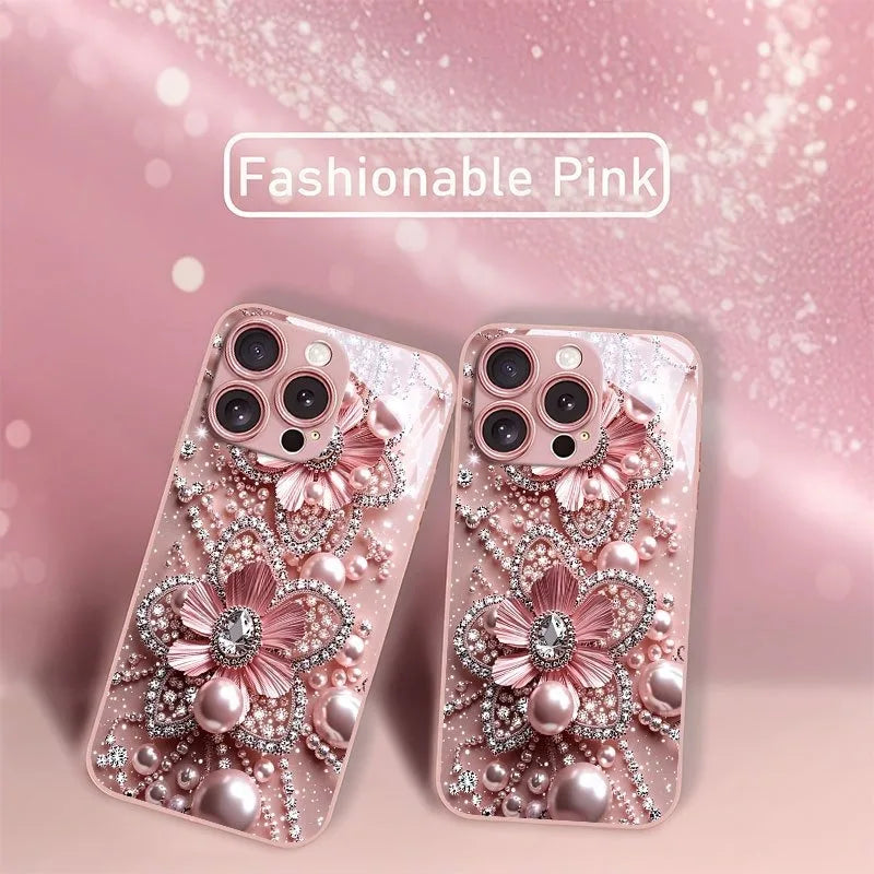 Pink Pearl Diamond Floral Pattern Pink Metallic Glass Phone Case For iPhone