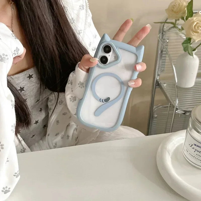 Cartoon Cat Ear Magnetic Lanyard Case Wristband Clear Soft Border Cover For iPhone