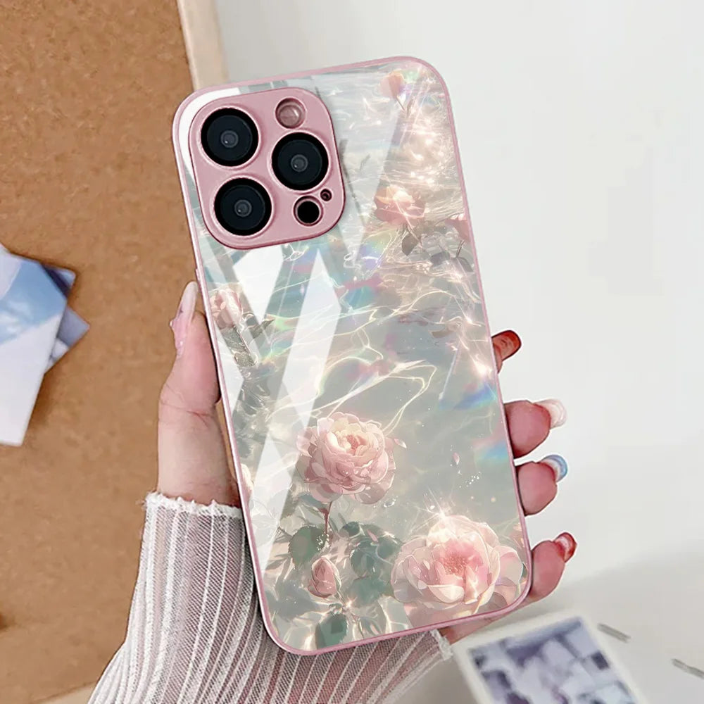 Flower Phone Case For iPhone  Shockproof Tempered Glass Cover