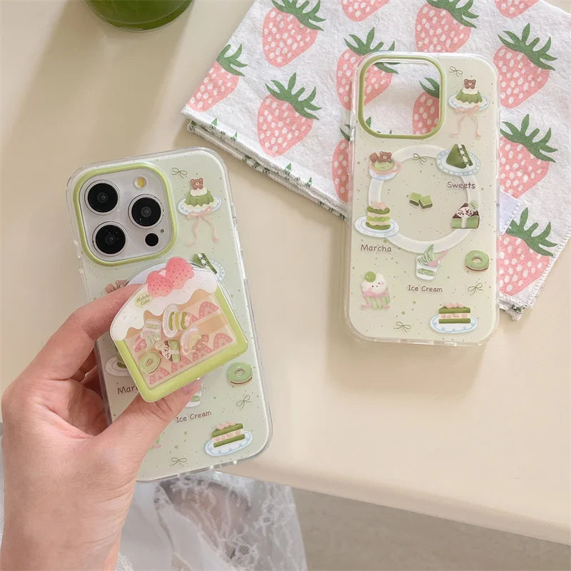 Cute Matcha Cake MagSafe Stand Phone Case
