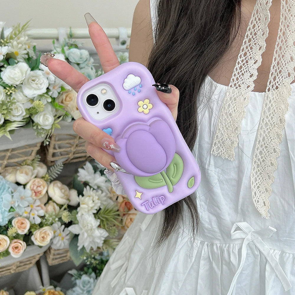 Kawaii Summer Floral Tulip Bracket Soft Silicone Phone Case