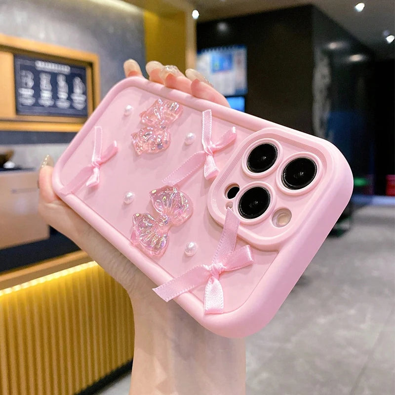 3D Bow Pearl Decorated Phone Case For iPhone Shockproof Silicone Soft Cover