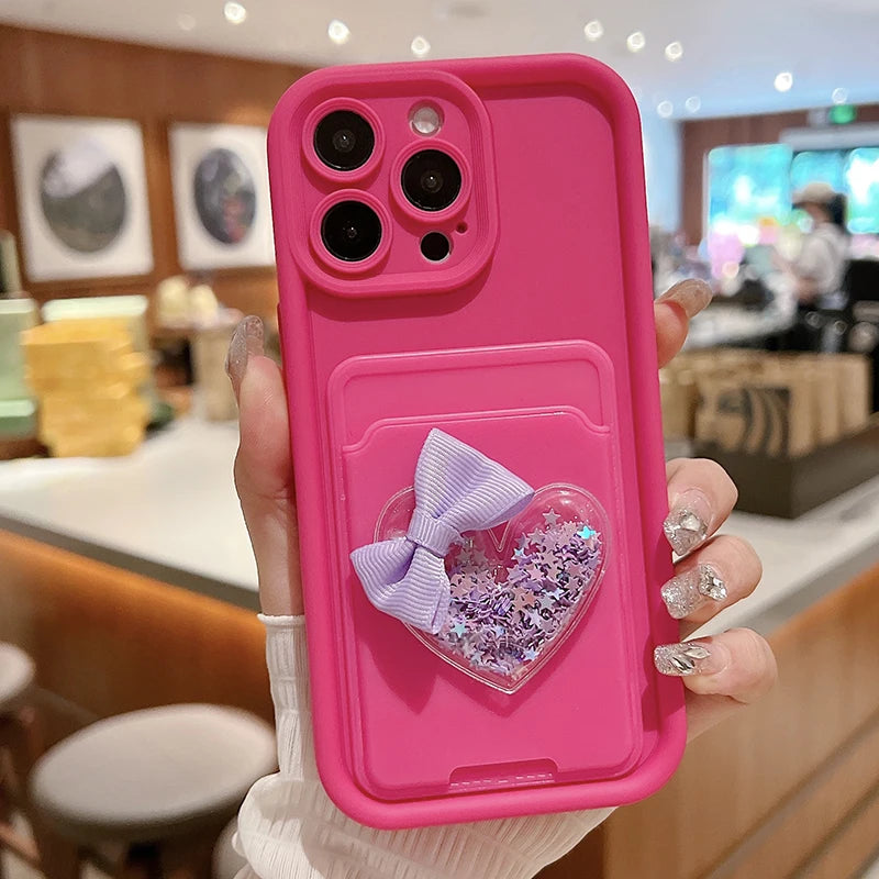 Lovely 3D Love Heart Card Bag Holder Phone Case For iPhone Shockproof Candy Soft Cover