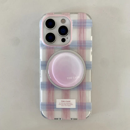 Fresh Simple Pink Blue Grid Pattern With Holder Magnetic Wireless Charging Phone Case