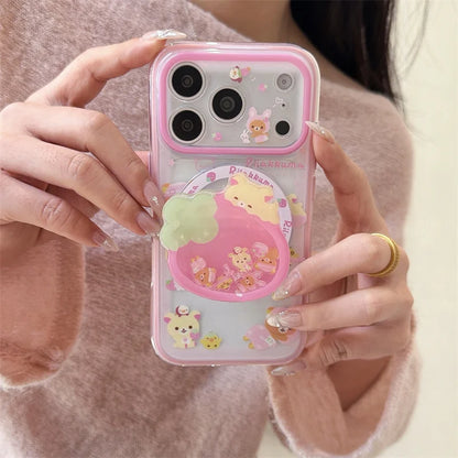 Cute Strawberry Bear Phone Case For iPhone With Magnetic Grip Stand Shockproof