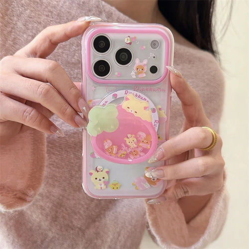Cute Strawberry Bear Phone Case For iPhone With Magnetic Grip Stand Shockproof