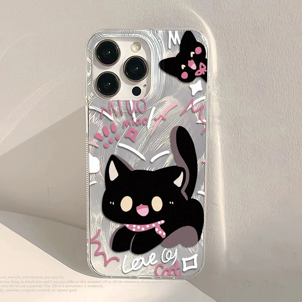 Laser Silver Black Cat iPhone Case With Feather-Texture Protection