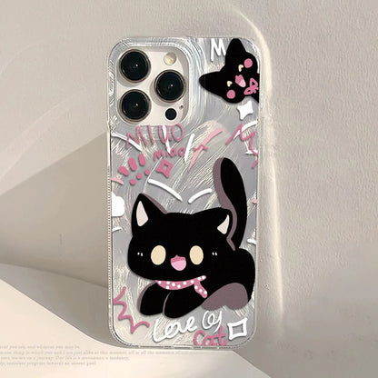 Laser Silver Black Cat iPhone Case With Feather-Texture Protection