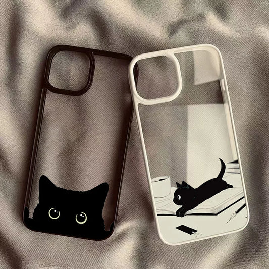 Cute Black Cat Pattern Hard Clear Phone Case For iPhone