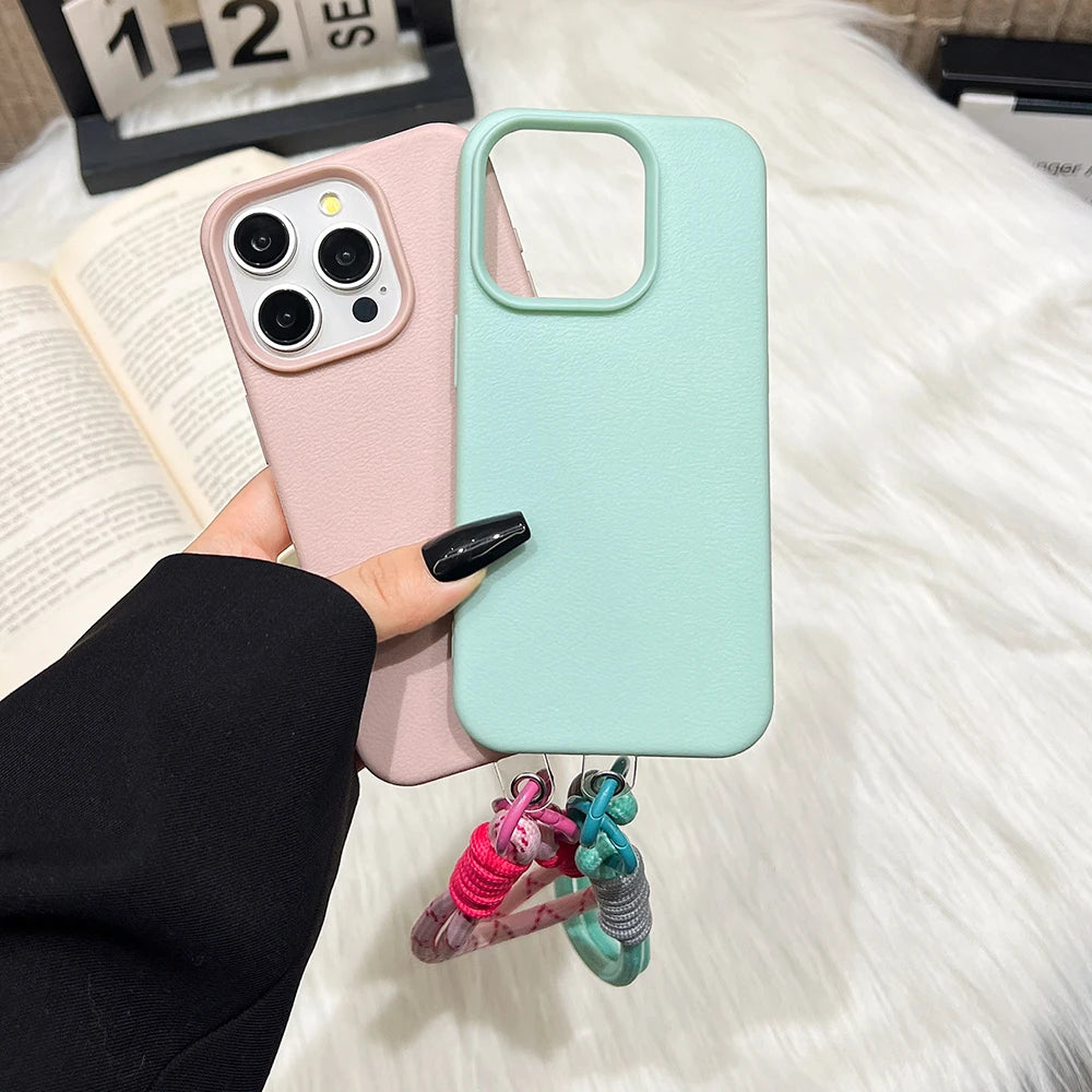 Cute Candy Leather Texture With Wrist Strap Case For iPhone Solid Color Soft Cover