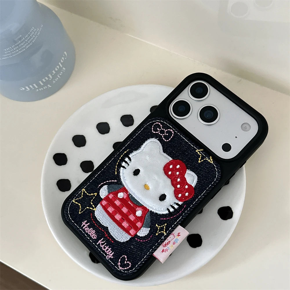 Luxury Denim Leather Pattern Cartoon Hello Kitty Case For iPhone Love Heart Stars Style Cover