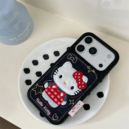 Luxury Denim Leather Pattern Cartoon Hello Kitty Case For iPhone Love Heart Stars Style Cover
