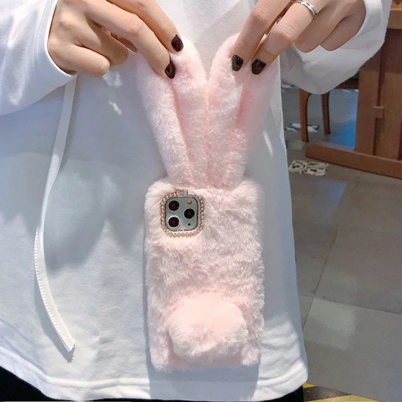 Plush Warm Case For iPhone Cute Long Rabbit Ears Furry Fluffy Fur Cover