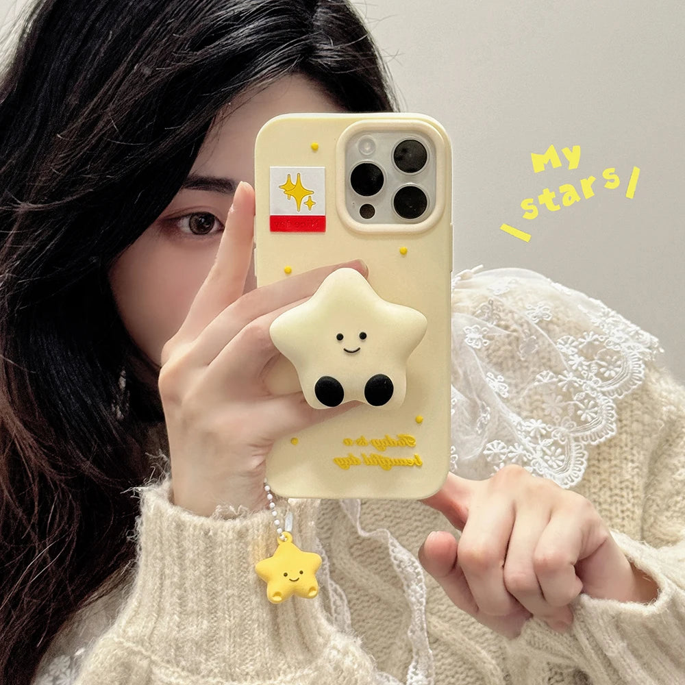 Kawaii Smile Moon Star Case Soft Silicone Cover With Holder Pendant For iPhone