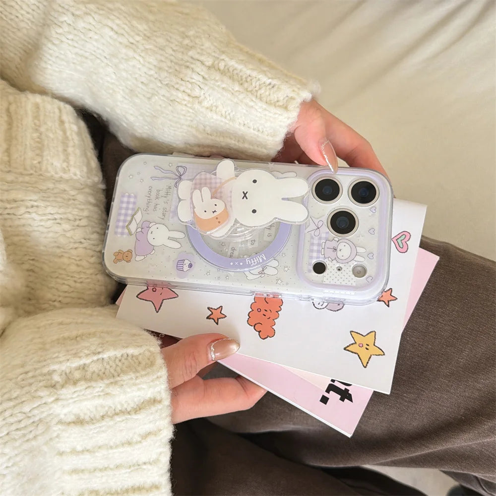 Korean INS Star Bow Rabbit With Magsafe Stand Phone Case For iPhone