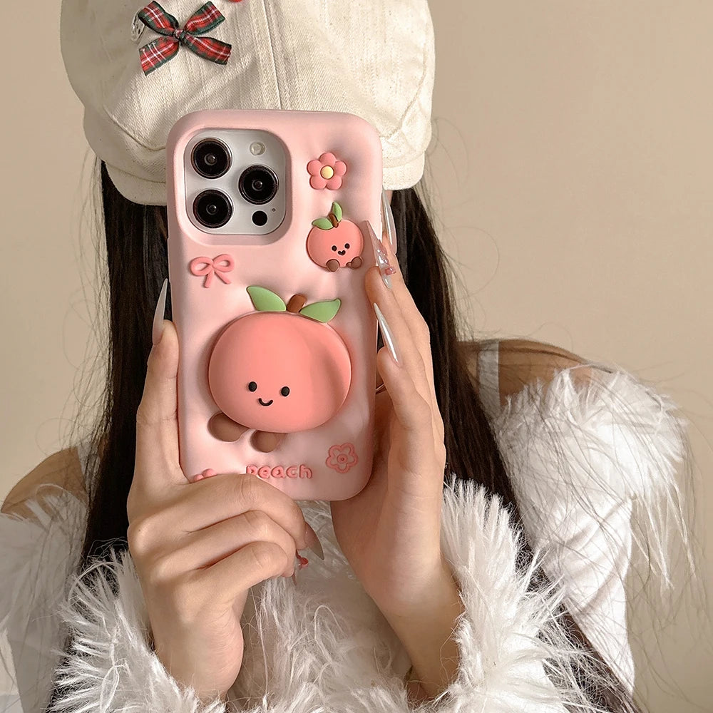 Kawaii Peach Floral 3D Phone Case with Stand Holder