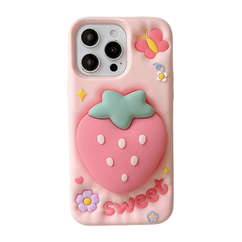 Cute 3D Cartoon Strawberry Hand Grip Holder Soft Silicone Phone Case