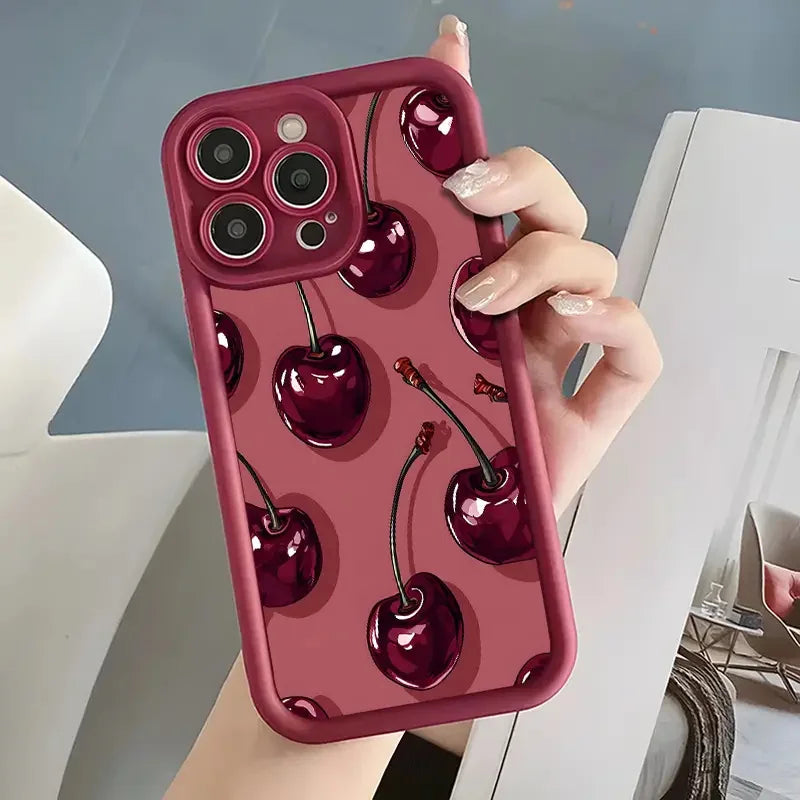 Luxury Wine Red Cherry Print Case For iPhone